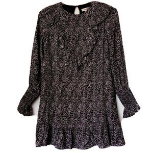 Floral Print Mini-Dress sz Medium  Elastic Cuffs  Ruffled Black/White J. ING NWT